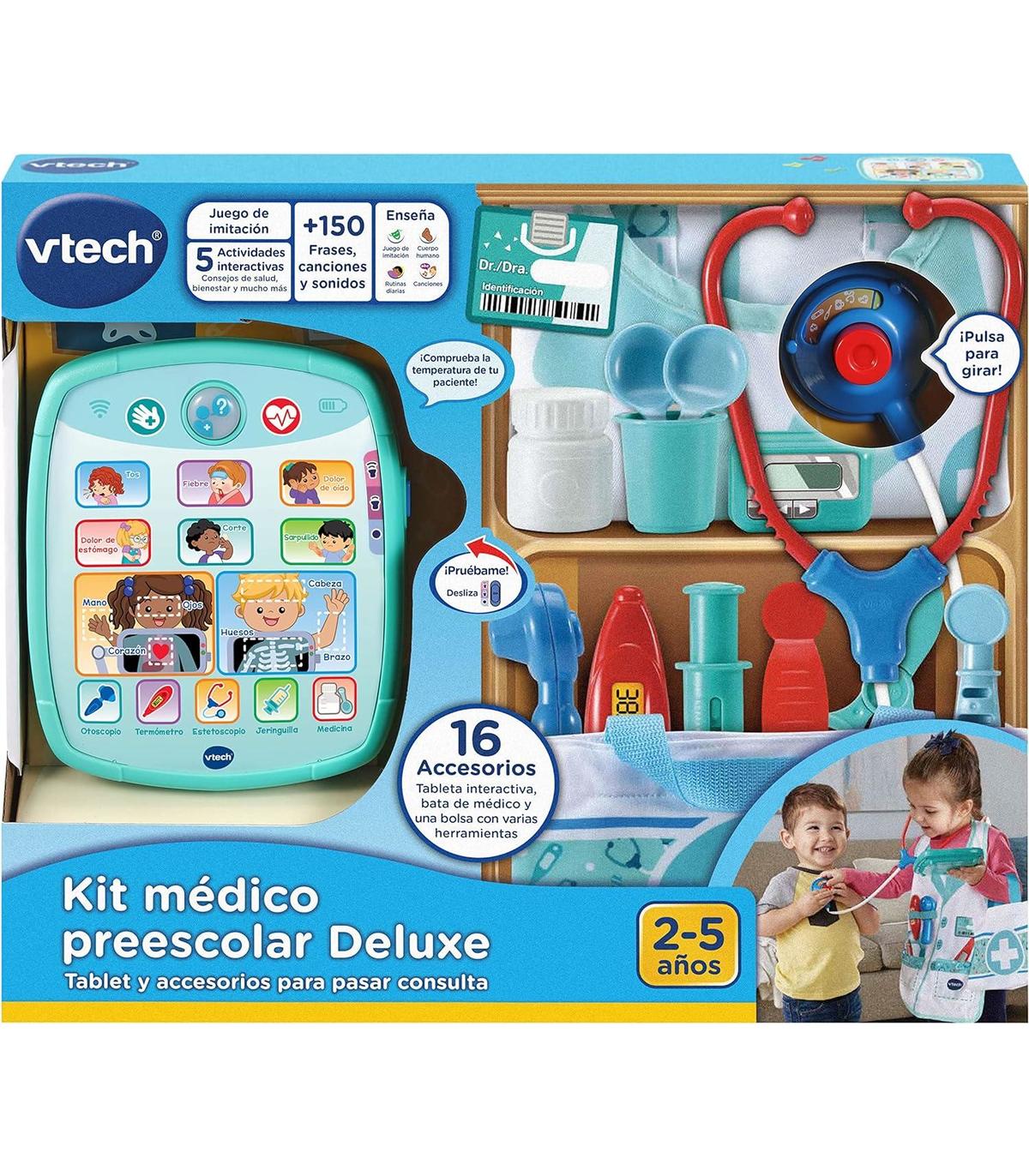 Conjunto de equipo médico de juguete. maletín médico. juguetes educativos  para niños en superficie blanca.